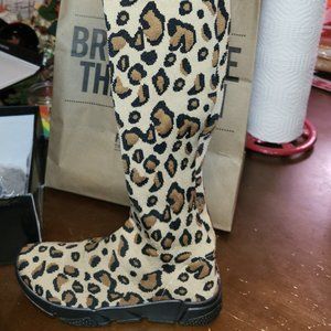 Knee High Leopard Print Sweater Material Sneakers